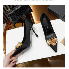 3D Flowers black Satin Pointy Stiletto Heels 769556407493 - COCOMELODY