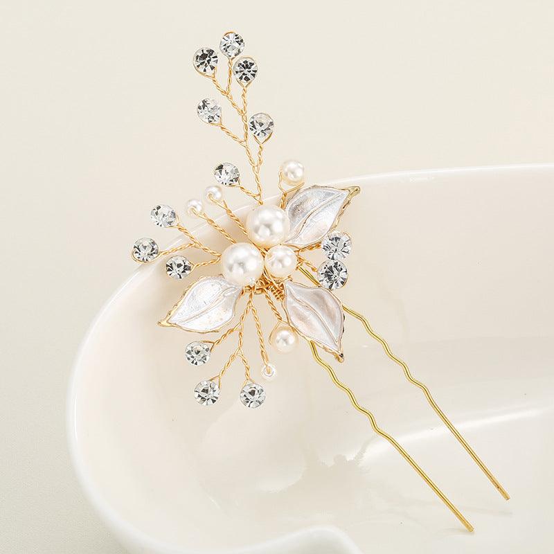 Bridal headwear Leaf hair pin Fashion wedding accessories Handmade pearl U-shaped hairpin set of 3 524682360029 - COCOMELODY