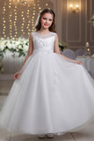 A-Line Illusion Neck Appliques Floor Length Tulle Flower Girl Dresses 1031510840050