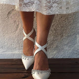 Pointed Toe Dress Flats Crisscross Ankle Strap Crystal Trim Shoes 857237211514