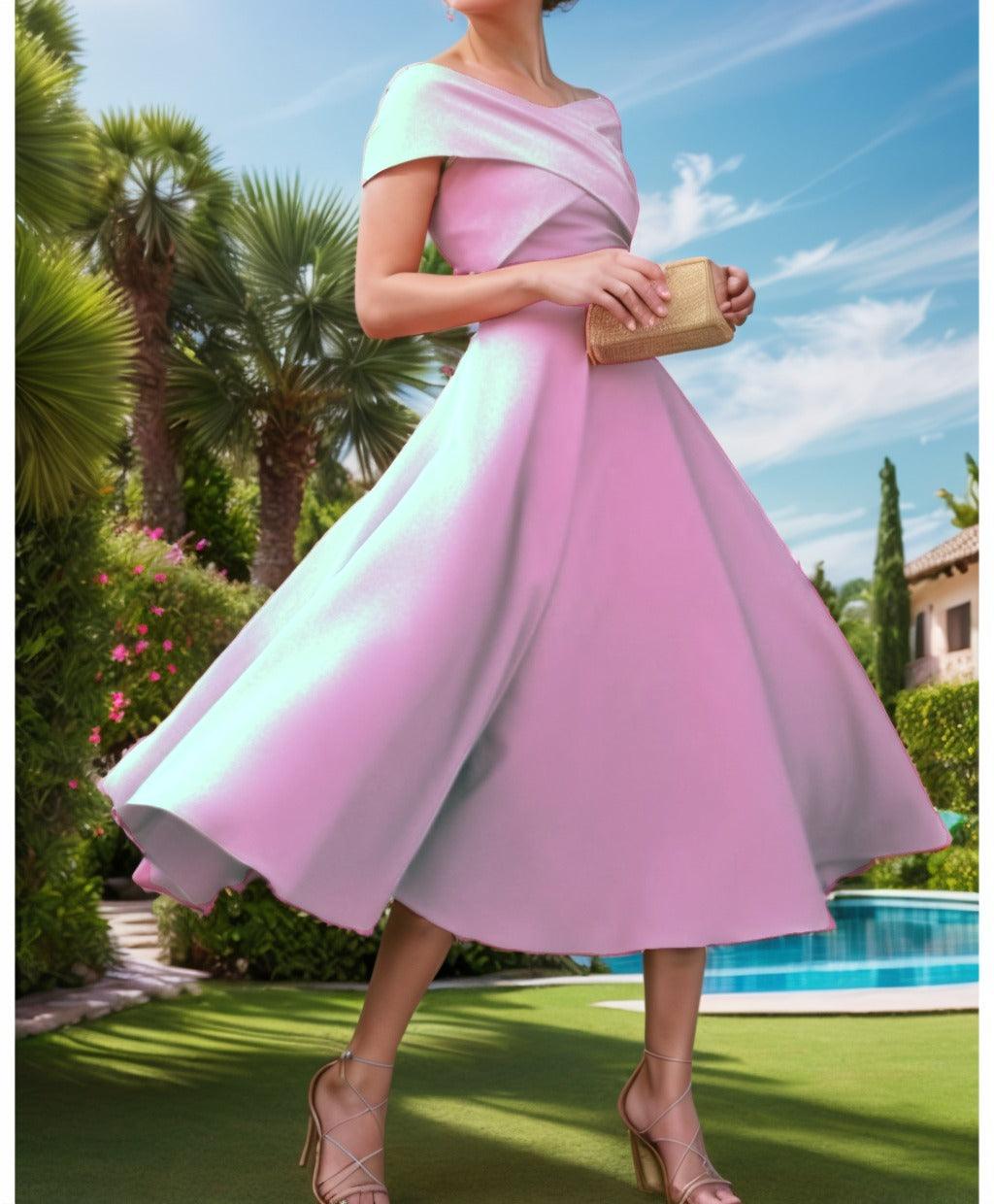 A-Line Tea Length Satin Prom Dress CS0455 - COCOMELODY
