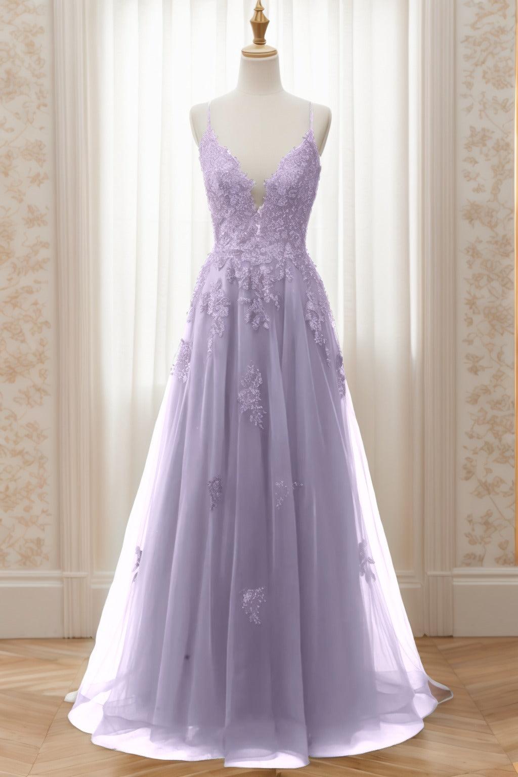 A-Line Sweep-Brush Train Tulle Prom Dress CS0463 - COCOMELODY