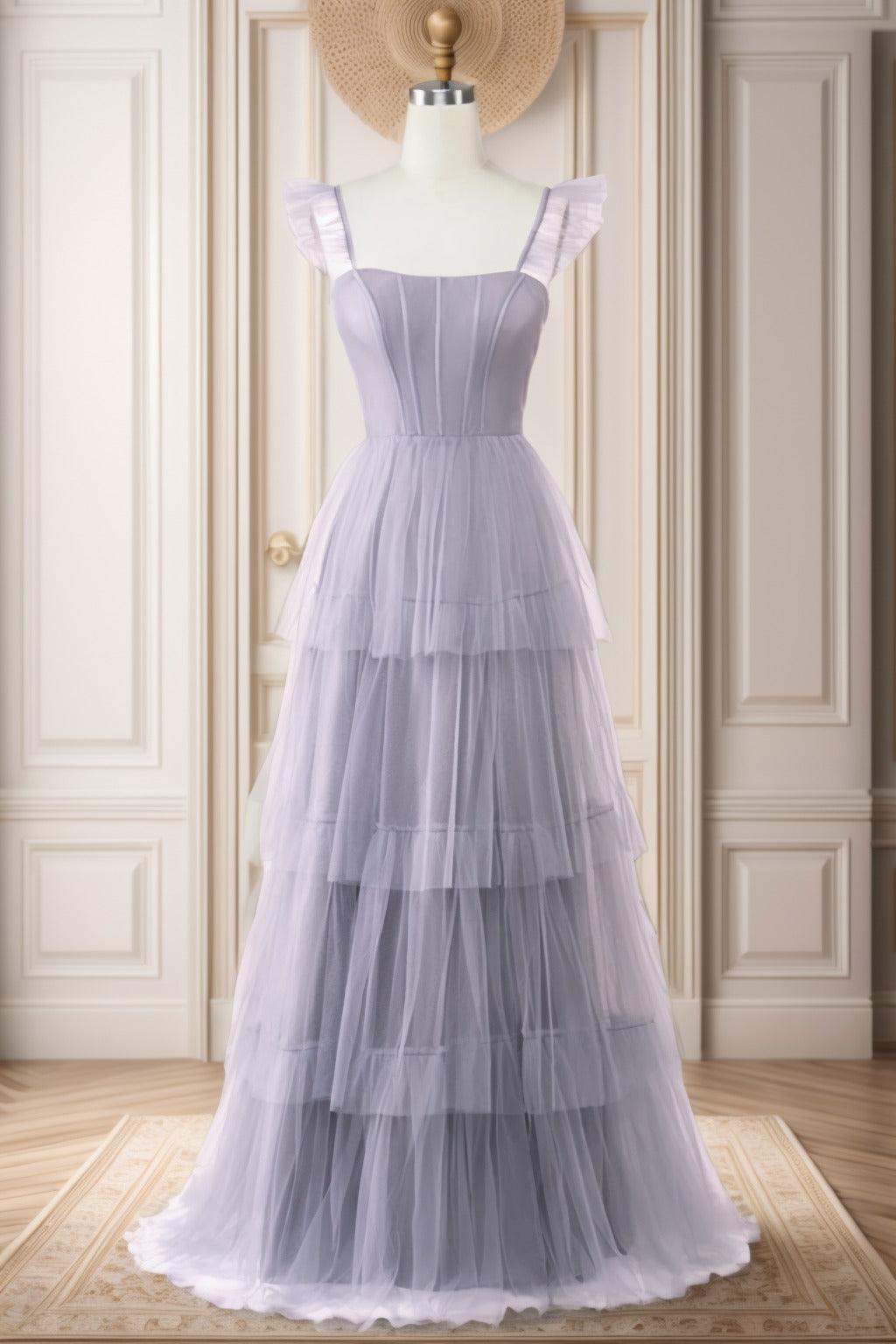 A-Line Sweep-Brush Train Tulle Prom Dress CS0471 - COCOMELODY