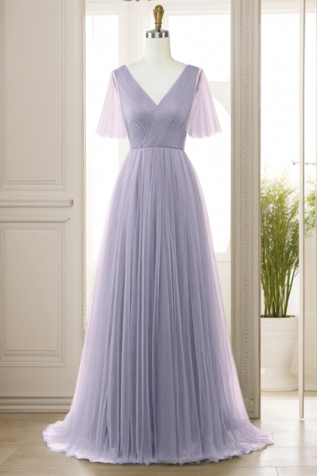 A-Line Sweep-Brush Train Tulle Prom Dress CS0472 - COCOMELODY