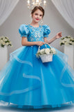 A-Line Round Neck Puff Short Sleeve Ruffled Tulle Floor-Length Flower Girl Dresses 1048500986721