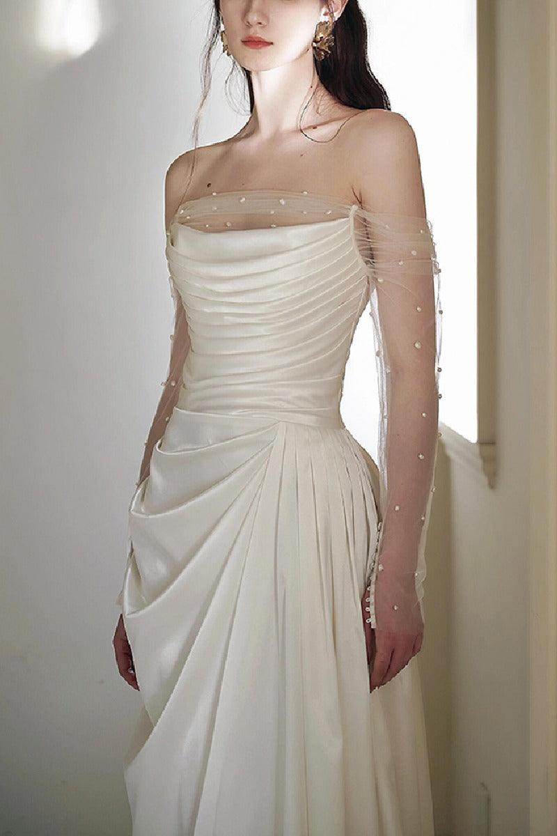 A-Line Sweep-Brush Train Satin Wedding Dress 837164627811 - COCOMELODY