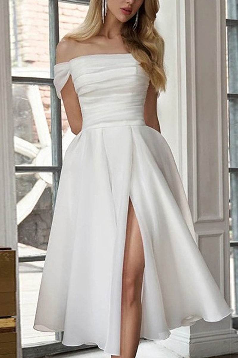 A-Line Tea Length Organza Little White Dress 100046 - COCOMELODY