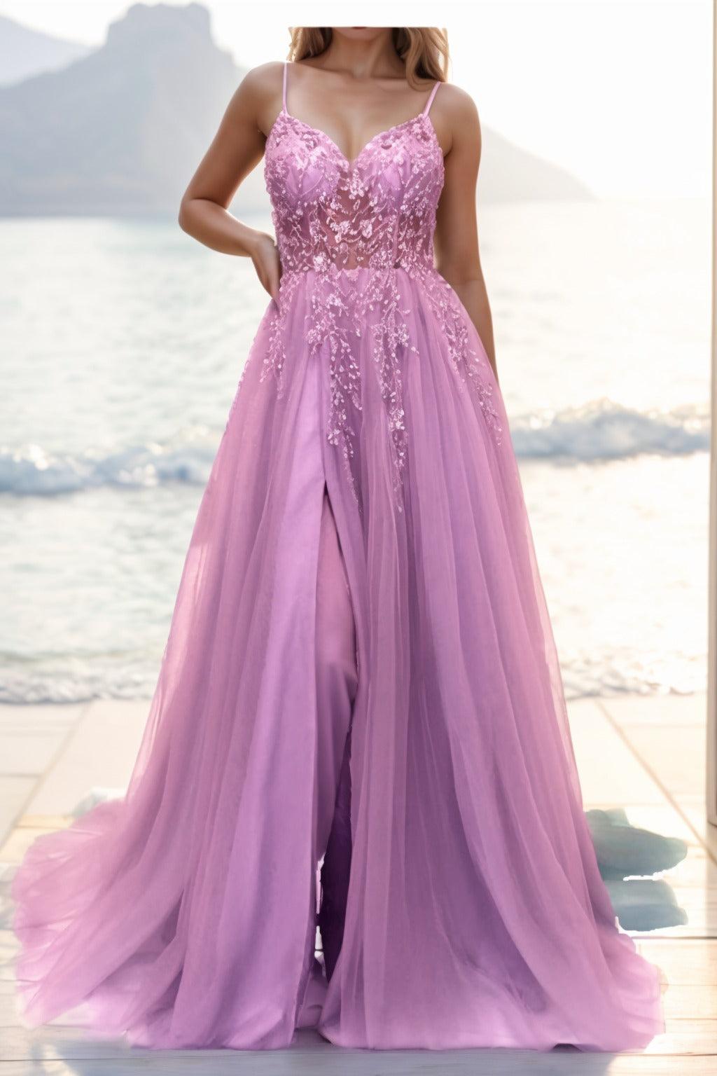 A-line Sweep-Brush Train Tulle Prom Dress CS0402 - COCOMELODY