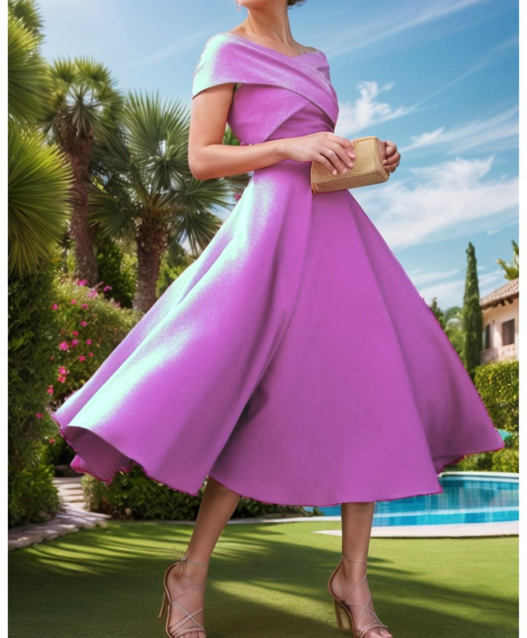 A-Line Tea Length Satin Prom Dress CS0455 - COCOMELODY