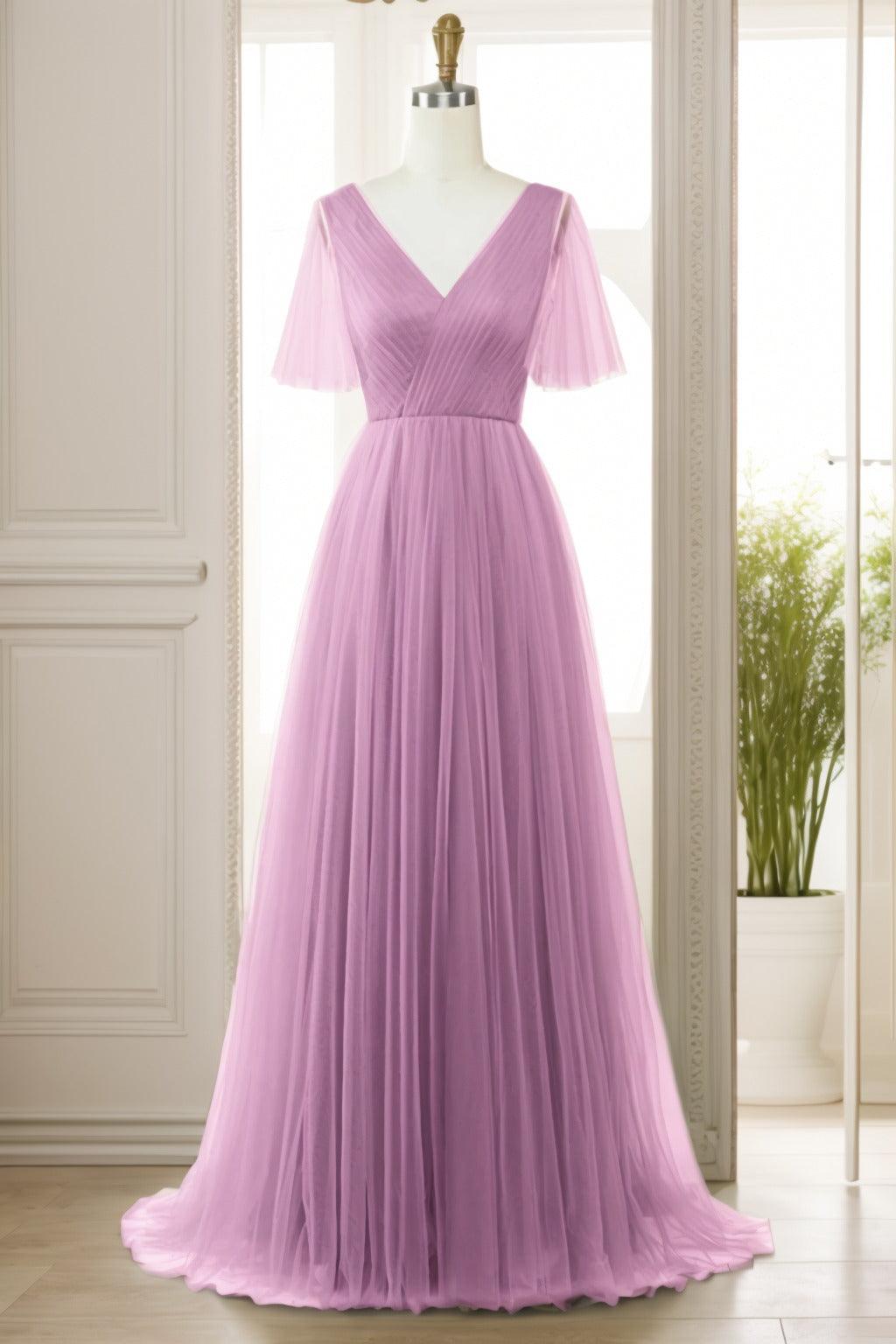 A-Line Sweep-Brush Train Tulle Prom Dress CS0472 - COCOMELODY