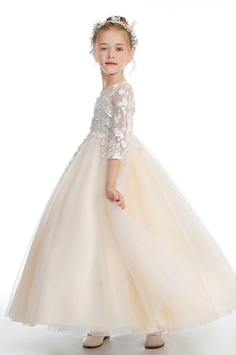 A-Line Lace Tulle Ankle-Length Flower Girl Dresses With Bow 760444365083 - COCOMELODY