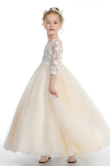 A-Line Lace Tulle Ankle-Length Flower Girl Dresses With Bow 760444365083 - COCOMELODY