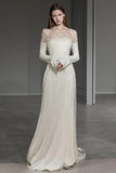 A-Line Long Sleeves Sweep-Brush Train Satin Square Neck Luxury Wedding Dress COCOMELODY 743493384317