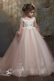 Round Neck Puff Long Sleeve Floral Lace Tulle Flower Girl Dresses 617837002510