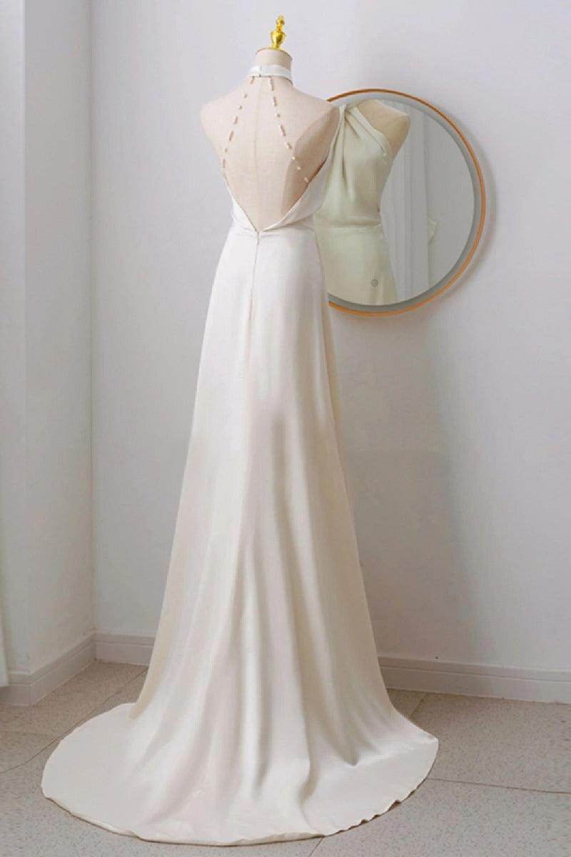 A-Line Sweep-Brush Train Satin Wedding Dress 735511460121 - COCOMELODY