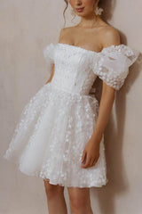 A-Line Short-Mini Lace Organza Little White Dress 100040 - COCOMELODY