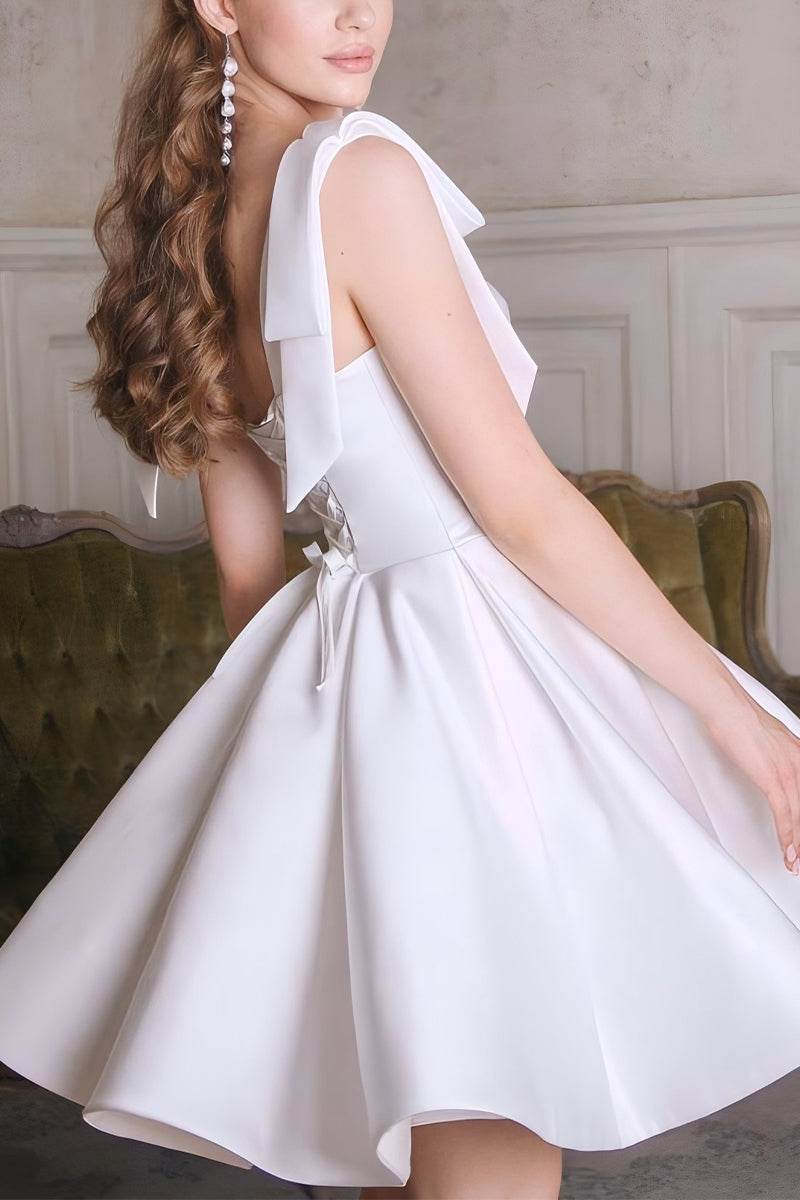 A-Line Short-Mini Satin Little White Dress 100033 - COCOMELODY
