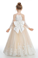 Ball-Gown/Princess Lace Tulle Sweep Floor Length Flower Girl Dresses Pageant Dresses With Bow 760441981255 - COCOMELODY