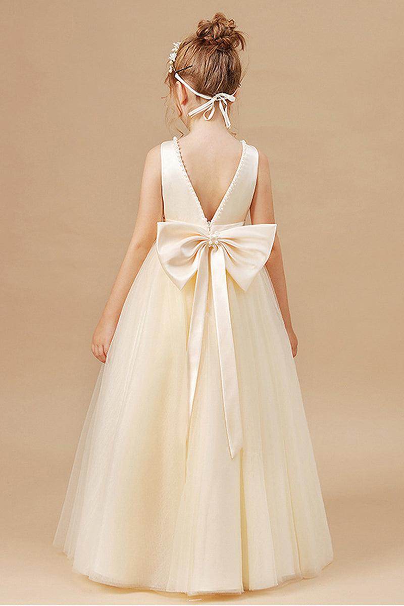 A-Line Scoop Neck Satin/Tulle Flower Girl Dresses With Bow(s)/Beading 752041855392 - COCOMELODY