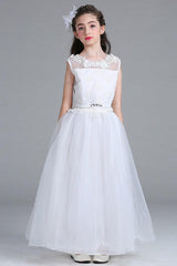 A-Line Illusion Neck Maxi Lace Tulle Flower Girl Dress 572076689366 - COCOMELODY