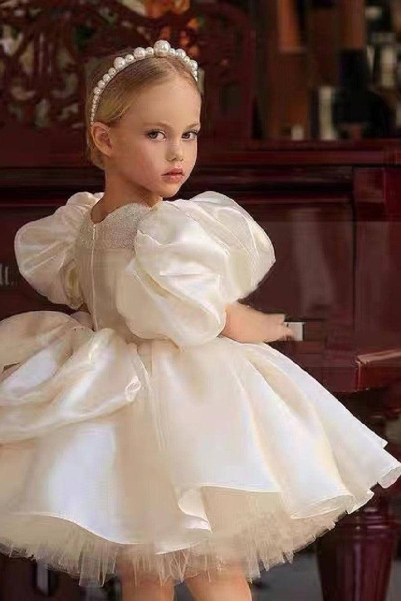 Ball Gown Scoop Neck Puff Sleeves Mini Satin Flower Girl Dresses 669285166945 - COCOMELODY