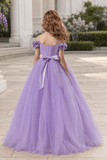 Elegant Floral Shoulder Ruched Bodice Tulle Flower Girl Dresses 890443747250
