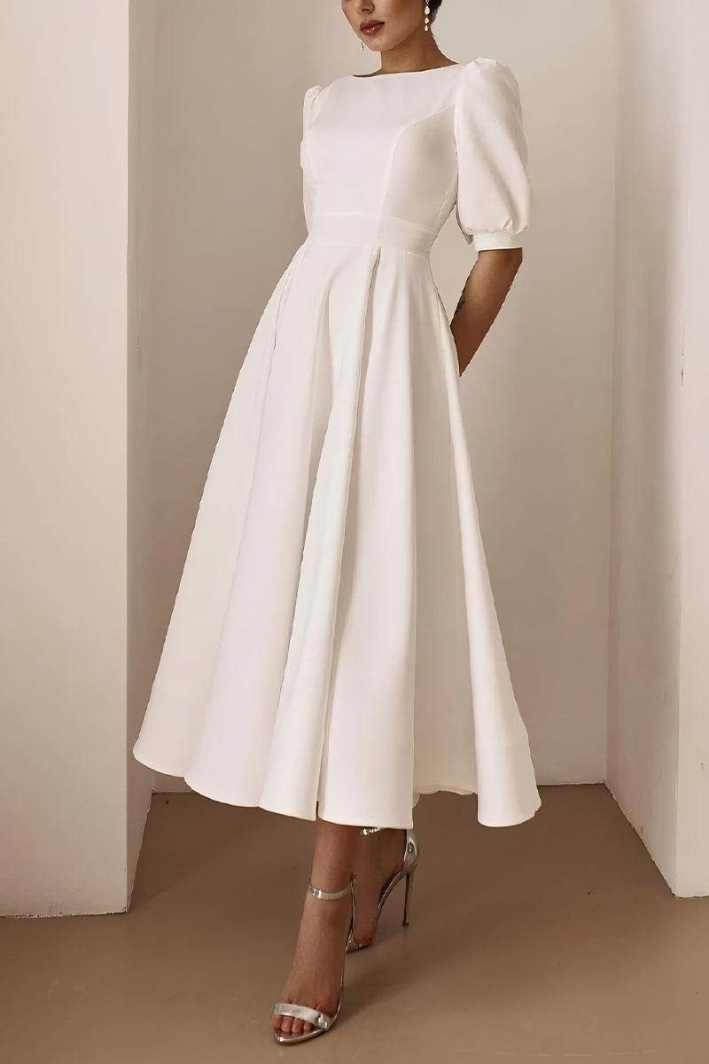 A-Line Tea Length Elastic Cloth Little White Dress 100012 - COCOMELODY
