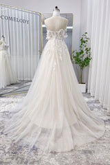 A-Line Sweep-Brush Train Lace Tulle Wedding Dress CW3101 - COCOMELODY