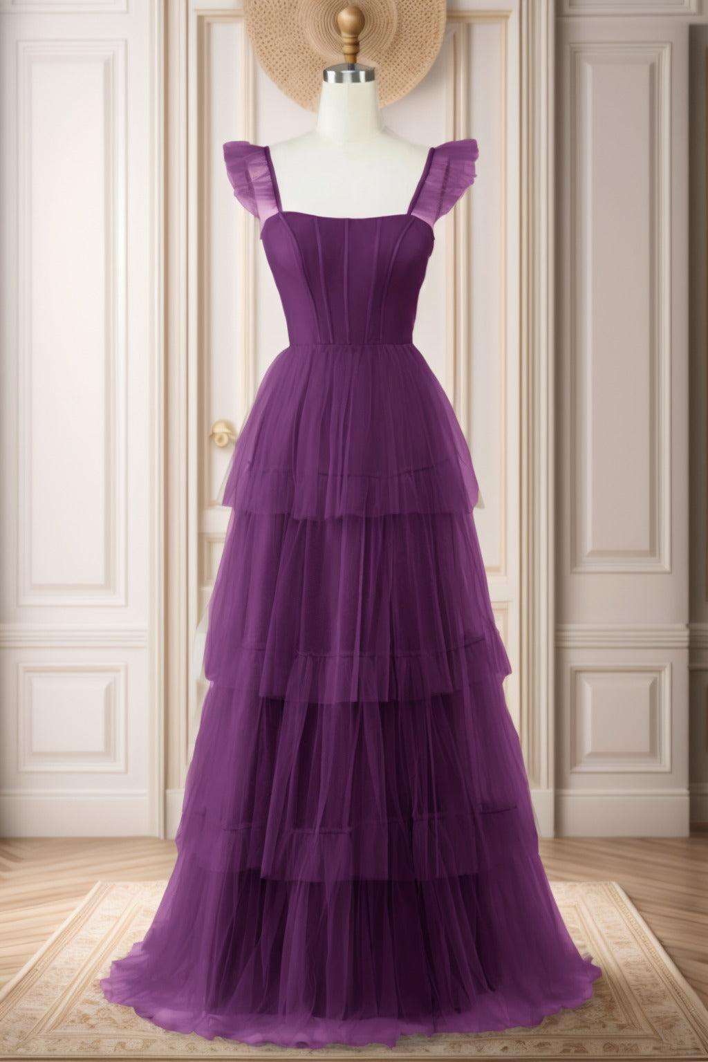 A-Line Sweep-Brush Train Tulle Prom Dress CS0471 - COCOMELODY