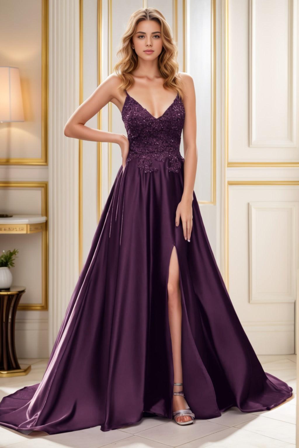 A-Line Court Train Satin Prom Dress CS0460 - COCOMELODY