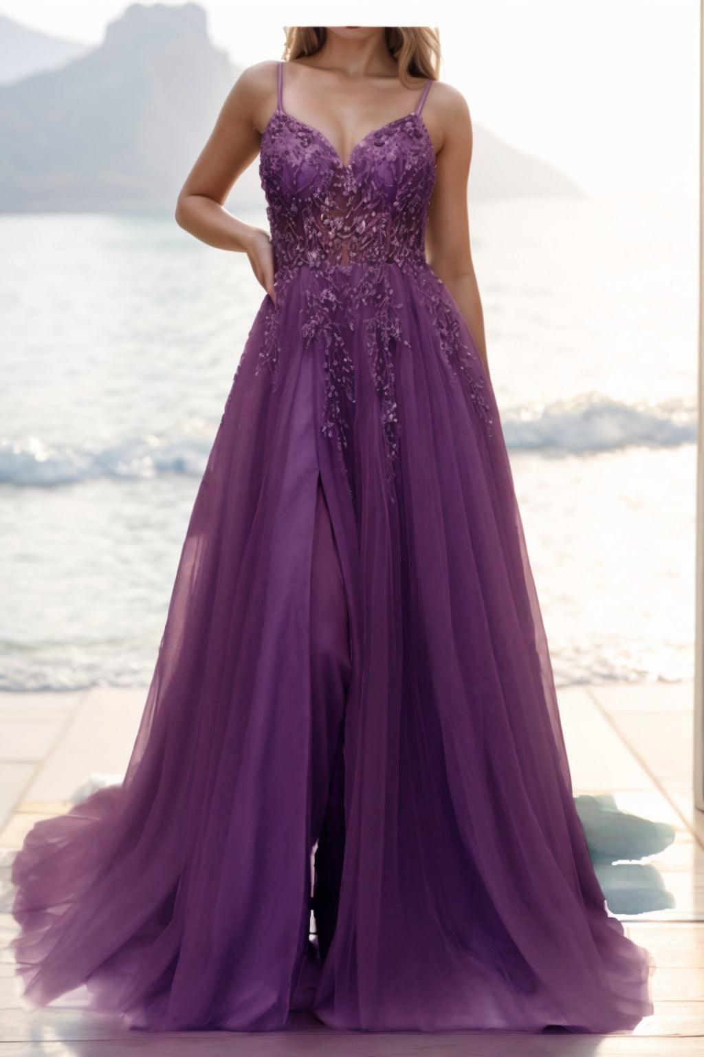 A-line Sweep-Brush Train Tulle Prom Dress CS0402 - COCOMELODY