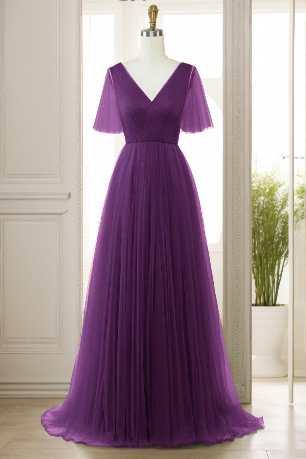 A-Line Sweep-Brush Train Tulle Prom Dress CS0472 - COCOMELODY