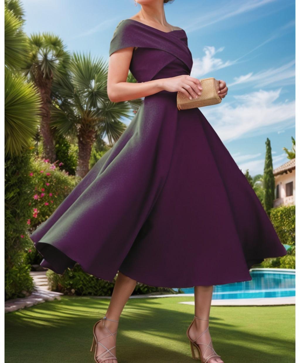 A-Line Tea Length Satin Prom Dress CS0455 - COCOMELODY