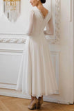 A-Line Tea Length Lace Chiffon Little White Dress 100041 - COCOMELODY
