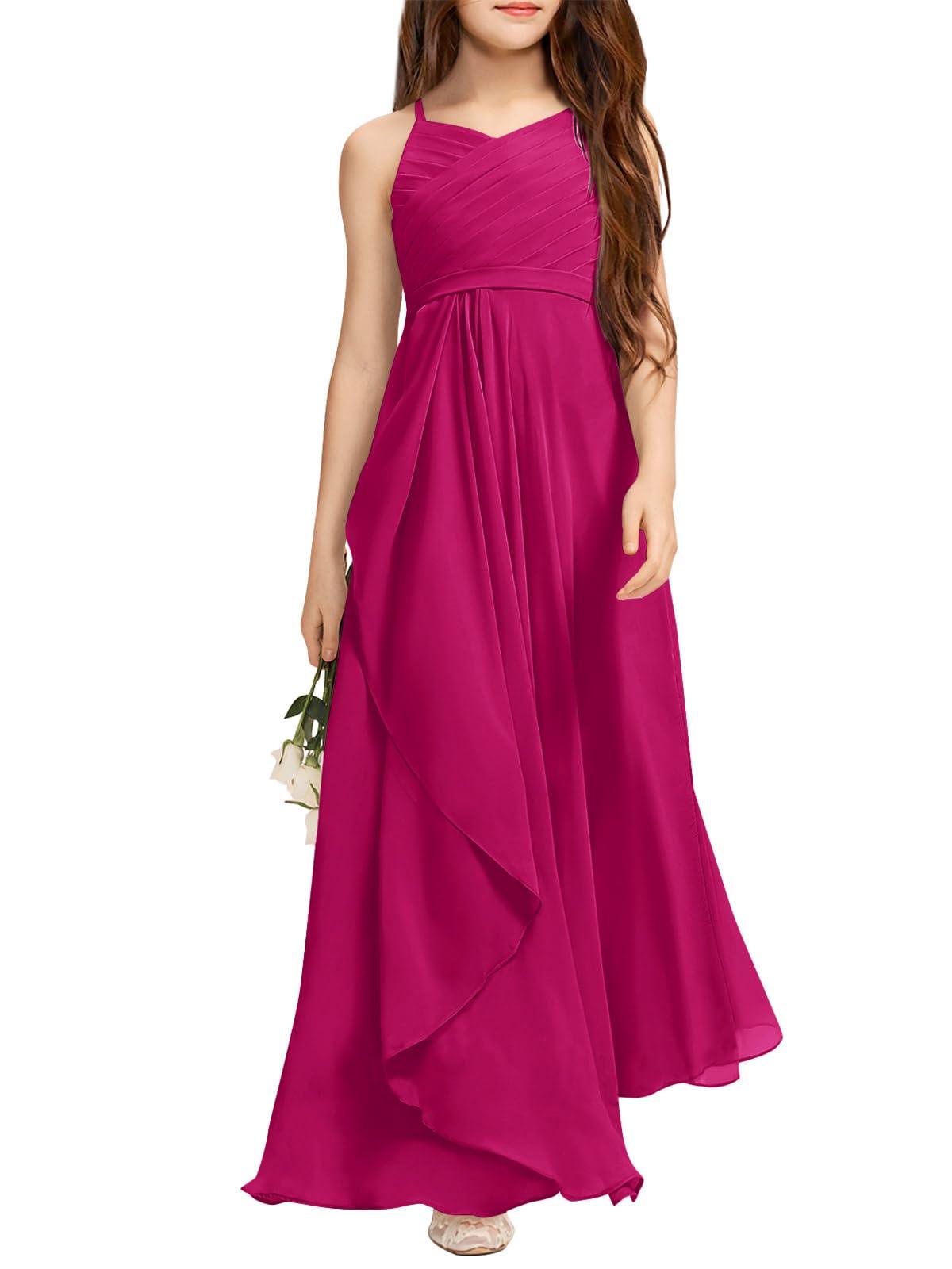 A-Line Halter Junior Bridesmaid Dress - Flowy Chiffon Maxi Gown B0C7CGNHD6 - COCOMELODY