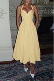 A-Line Tea Length Satin Wedding Guest Dress 973789759252