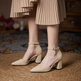 Suede Pointed Toe Block Heel Pumps Ankle Strap Elegant Shoes 695304002209