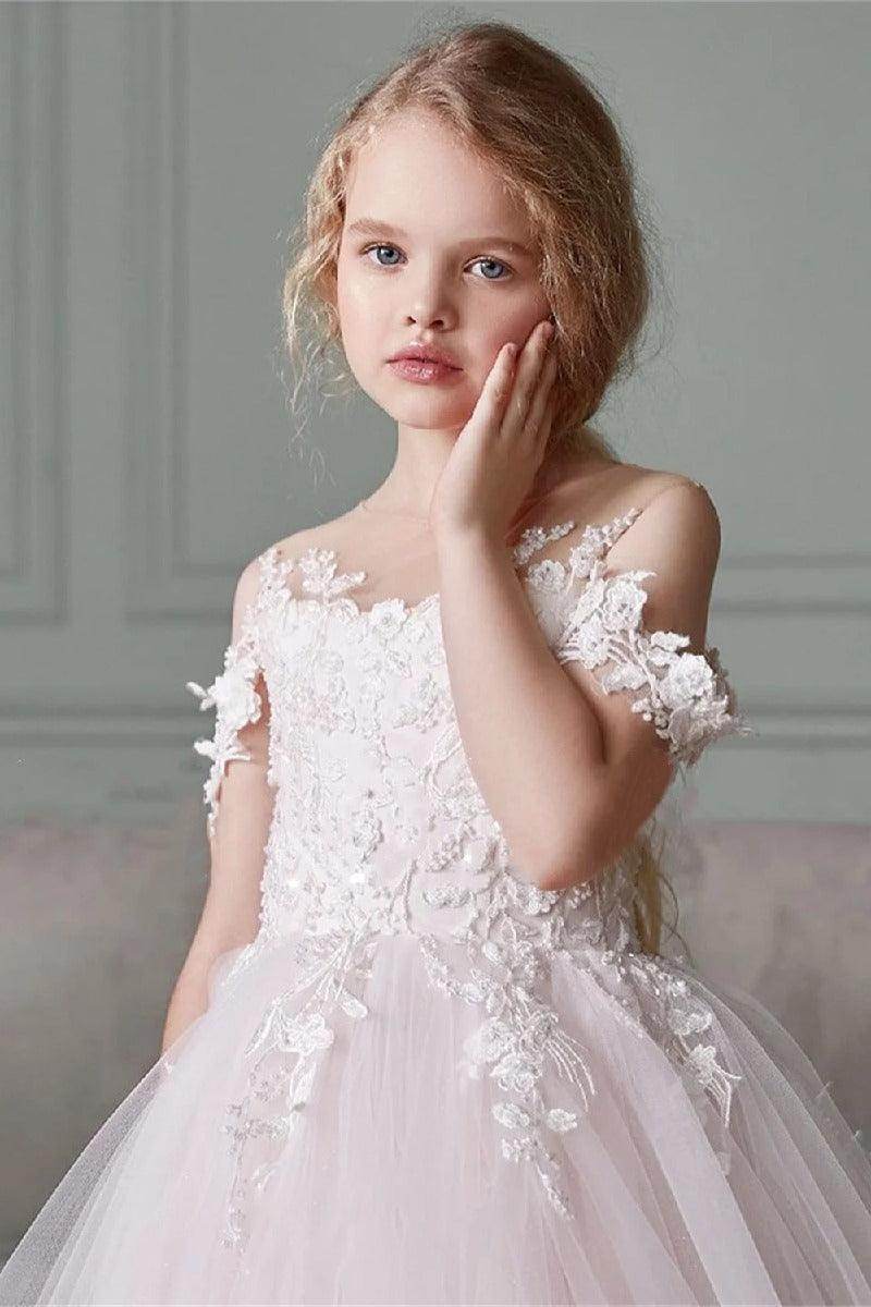A-Line Illusion Neck Off The Shoulder Sleeves Tulle Maxi Flower Girl Dresses 827500964252 - COCOMELODY