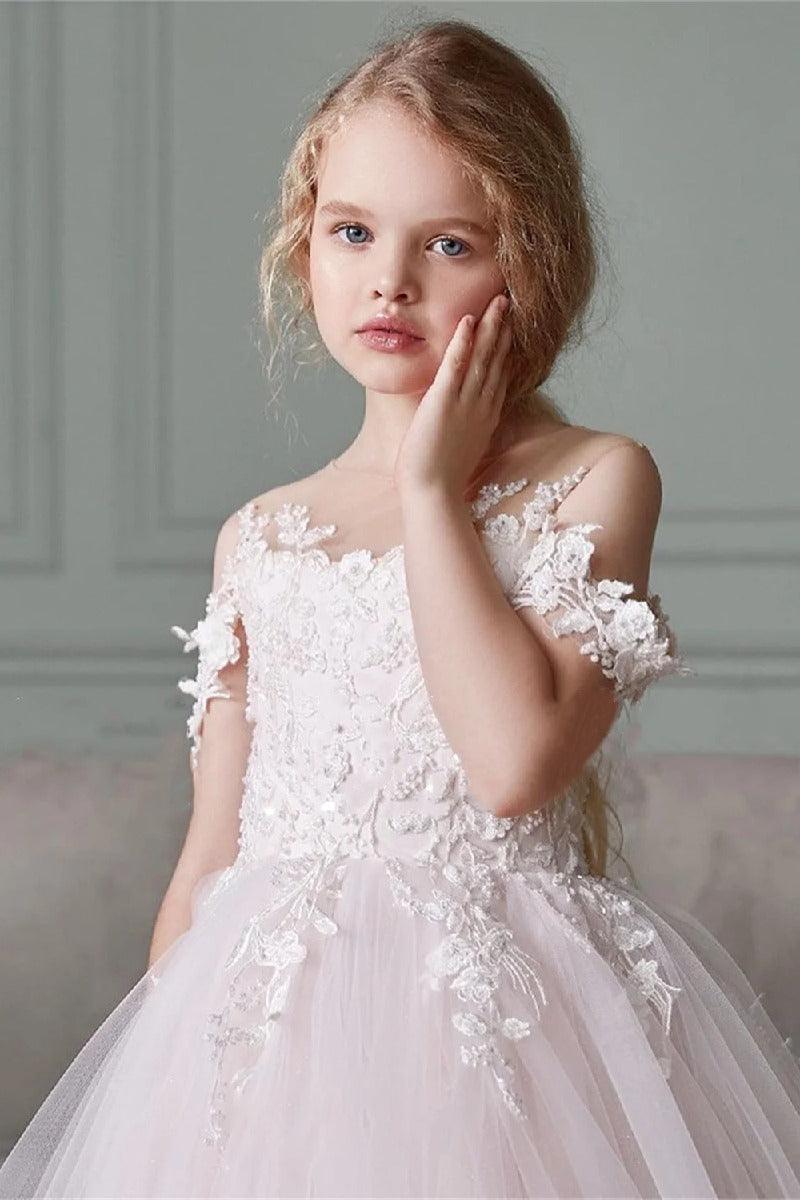 A-Line Illusion Neck Off The Shoulder Sleeves Tulle Maxi Flower Girl Dresses 827500964252 - COCOMELODY