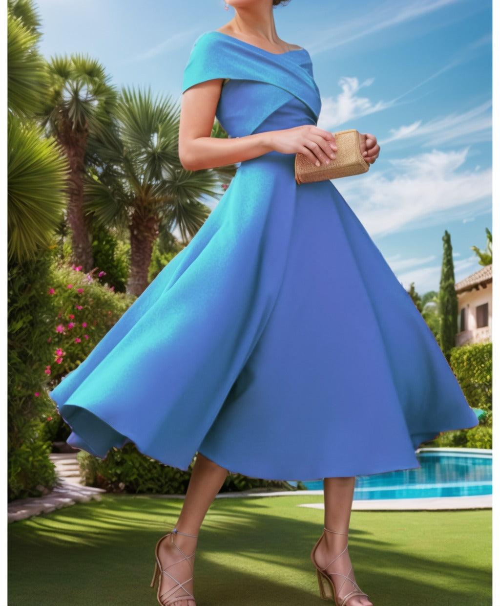 A-Line Tea Length Satin Prom Dress CS0455 - COCOMELODY