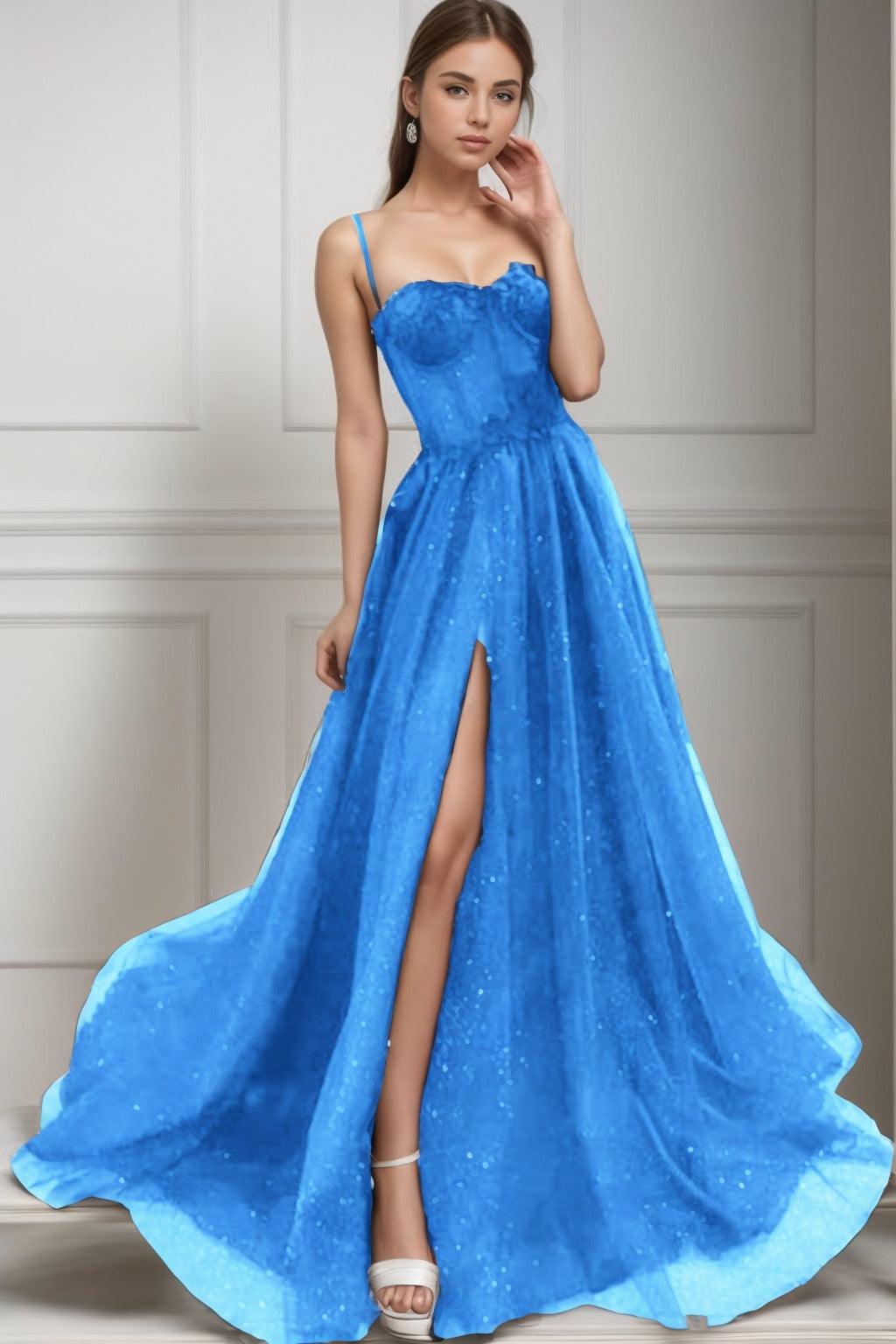 A-Line Sweep-Brush Train Tulle Prom Dress CS0439 - COCOMELODY