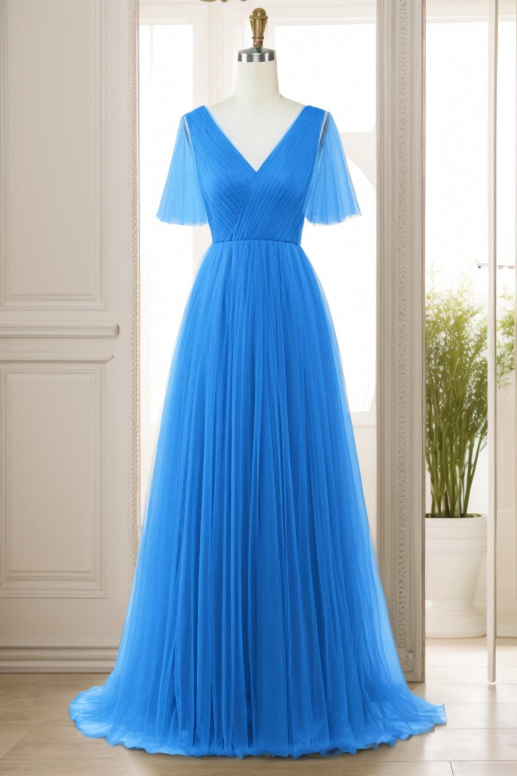 A-Line Sweep-Brush Train Tulle Prom Dress CS0472 - COCOMELODY