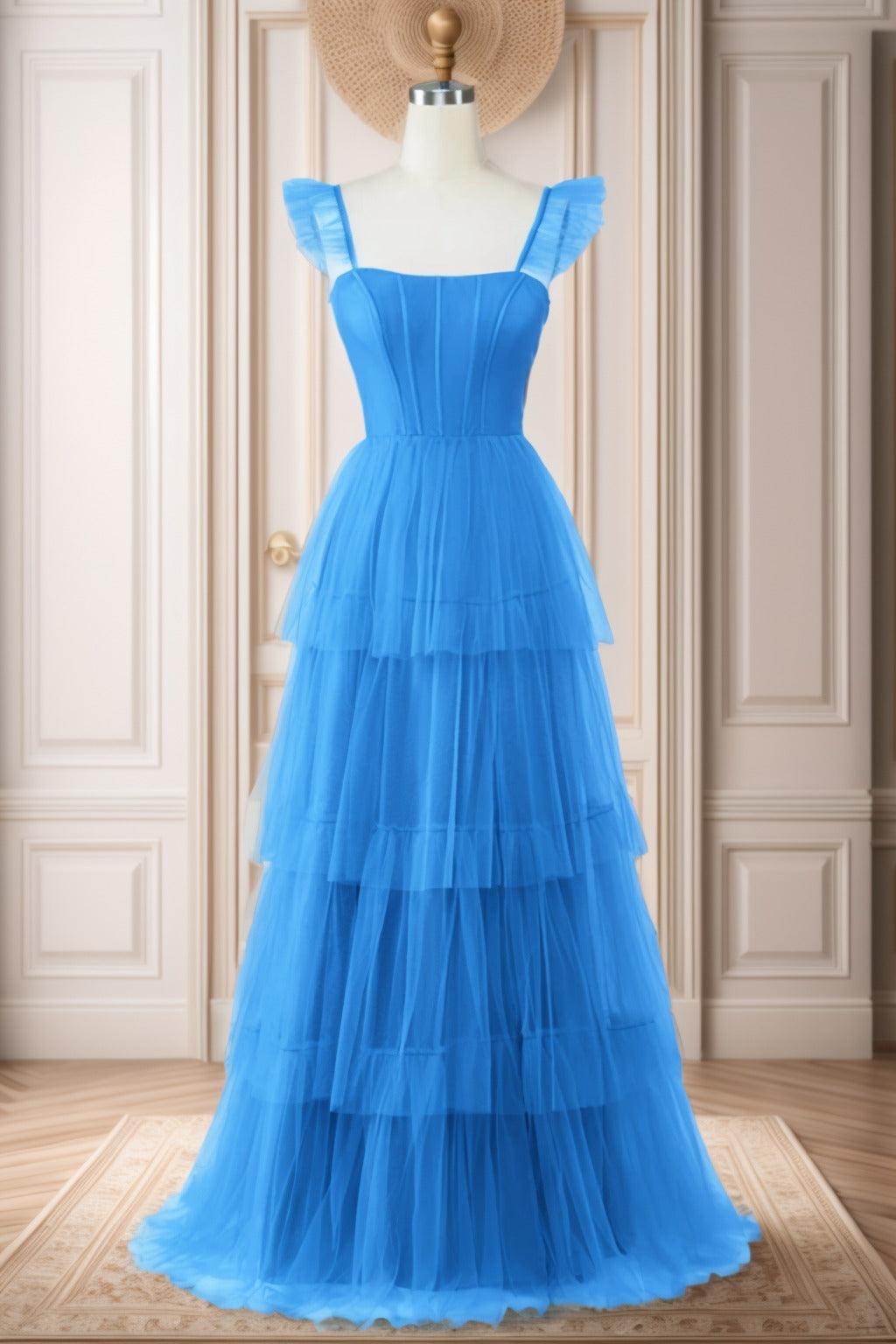 A-Line Sweep-Brush Train Tulle Prom Dress CS0471 - COCOMELODY