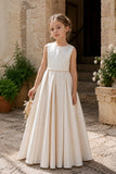 Elegant Satin Pearl Waist Pleated Skirt Bow Back Flower Girl Dresses 807252665221