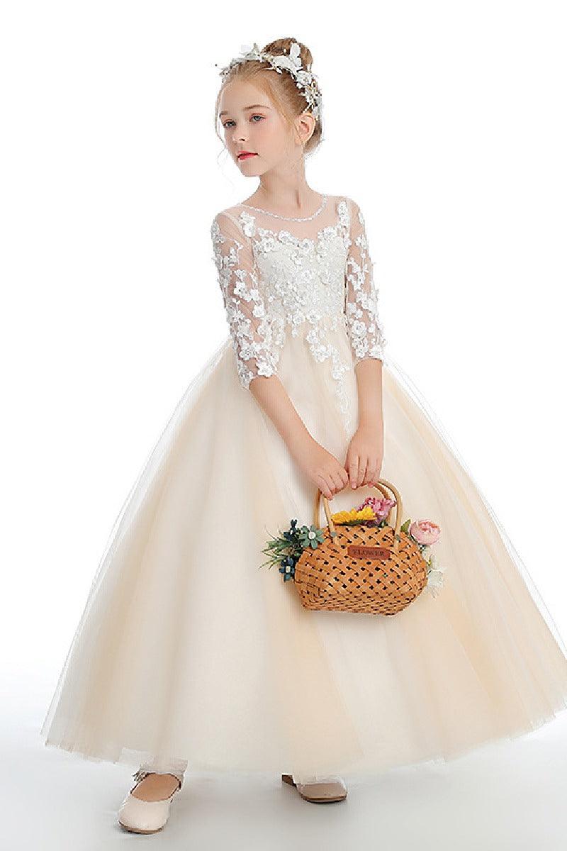 A-Line Lace Tulle Ankle-Length Flower Girl Dresses With Bow 760444365083 - COCOMELODY