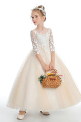 A-Line Lace Tulle Ankle-Length Flower Girl Dresses With Bow 760444365083 - COCOMELODY