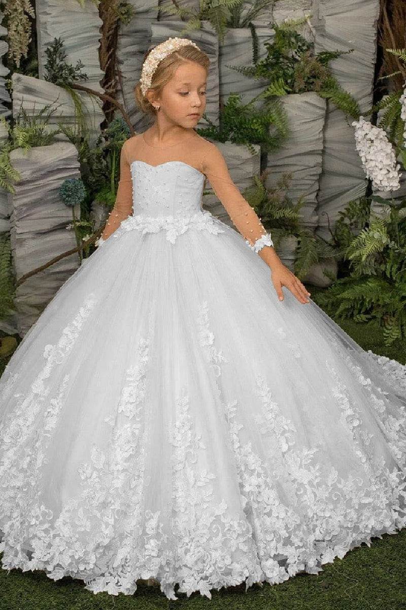 A-Line Illusion Neck Long Sleeve Tulle Sweep-Brush Train Flower Girl Dresses 672919694337 - COCOMELODY