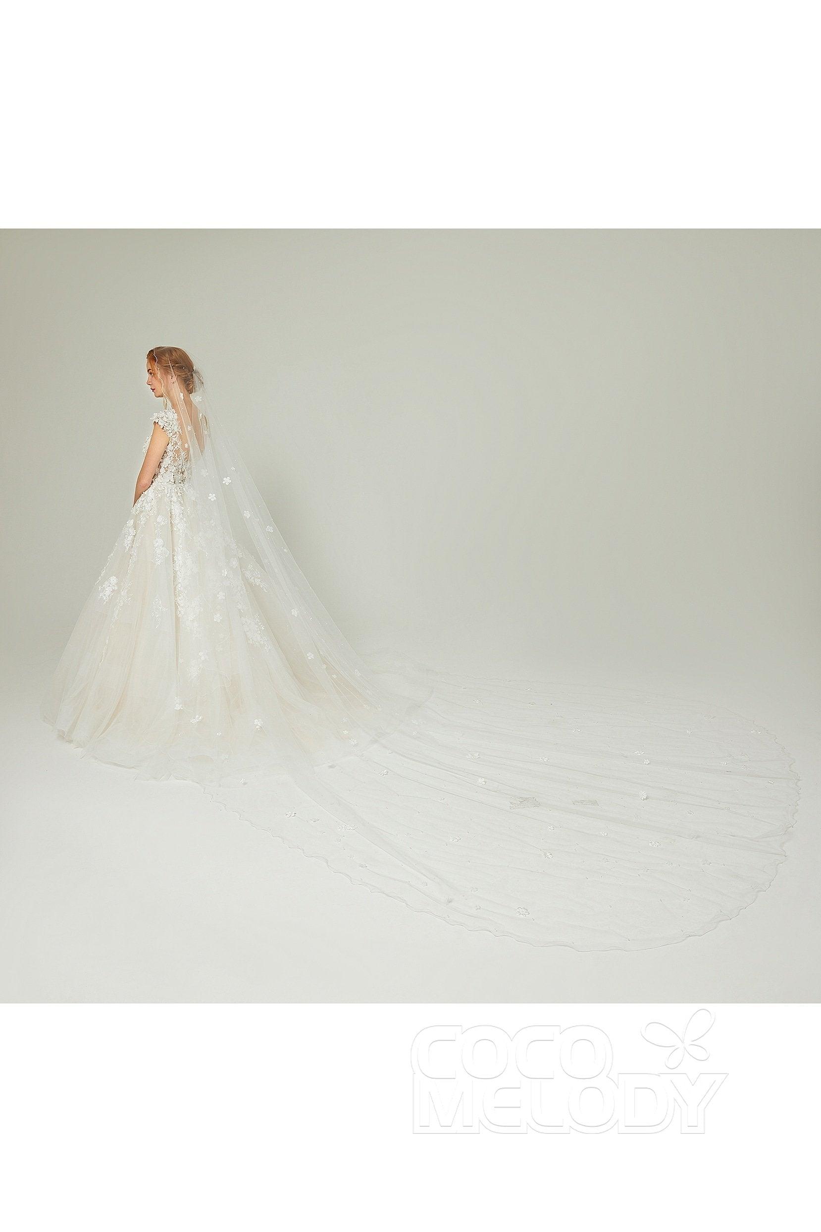 One-tier Cut Edge Tulle Chapel Veils Flower Pearls AV18018 - COCOMELODY
