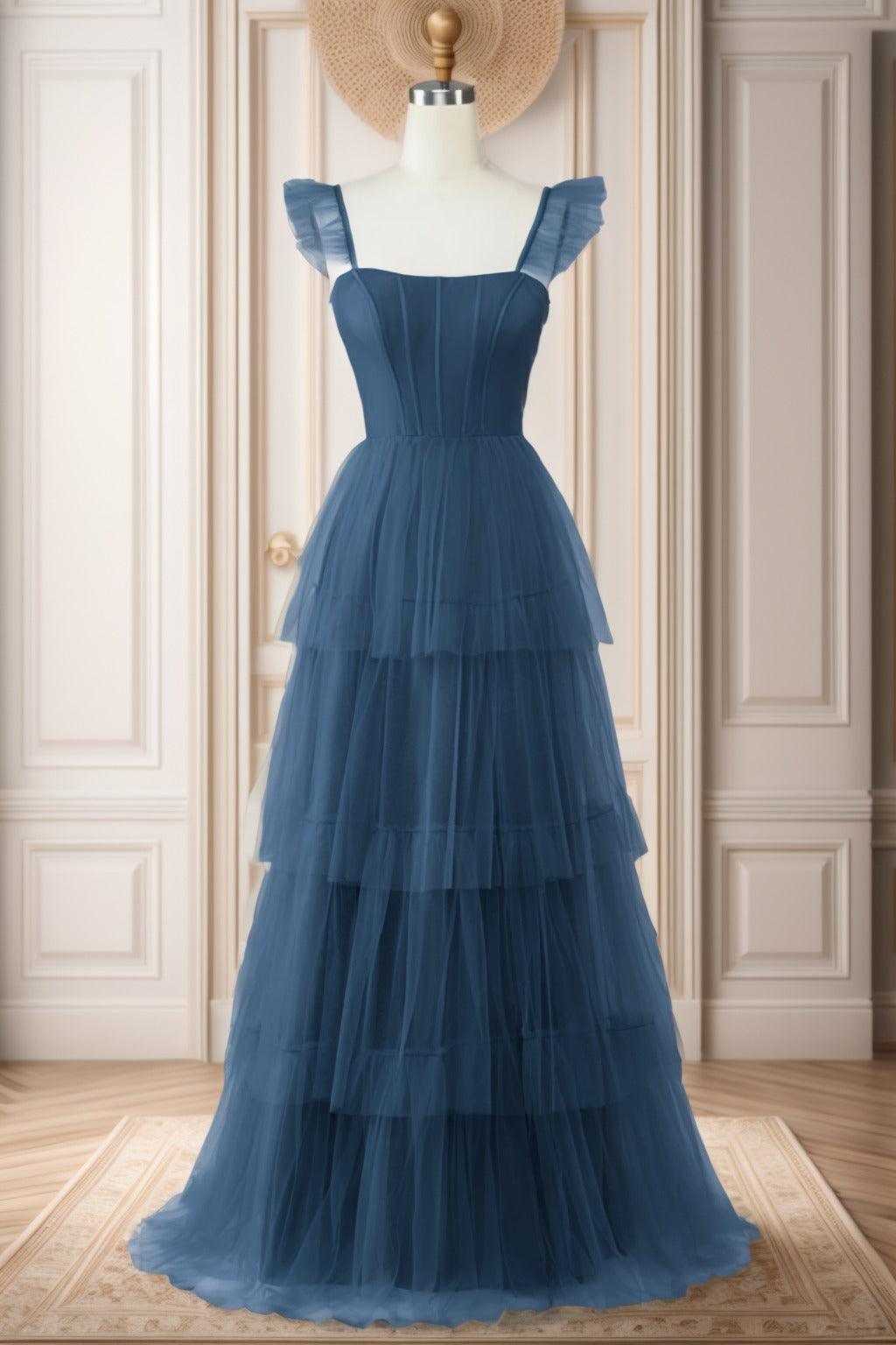 A-Line Sweep-Brush Train Tulle Prom Dress CS0471 - COCOMELODY