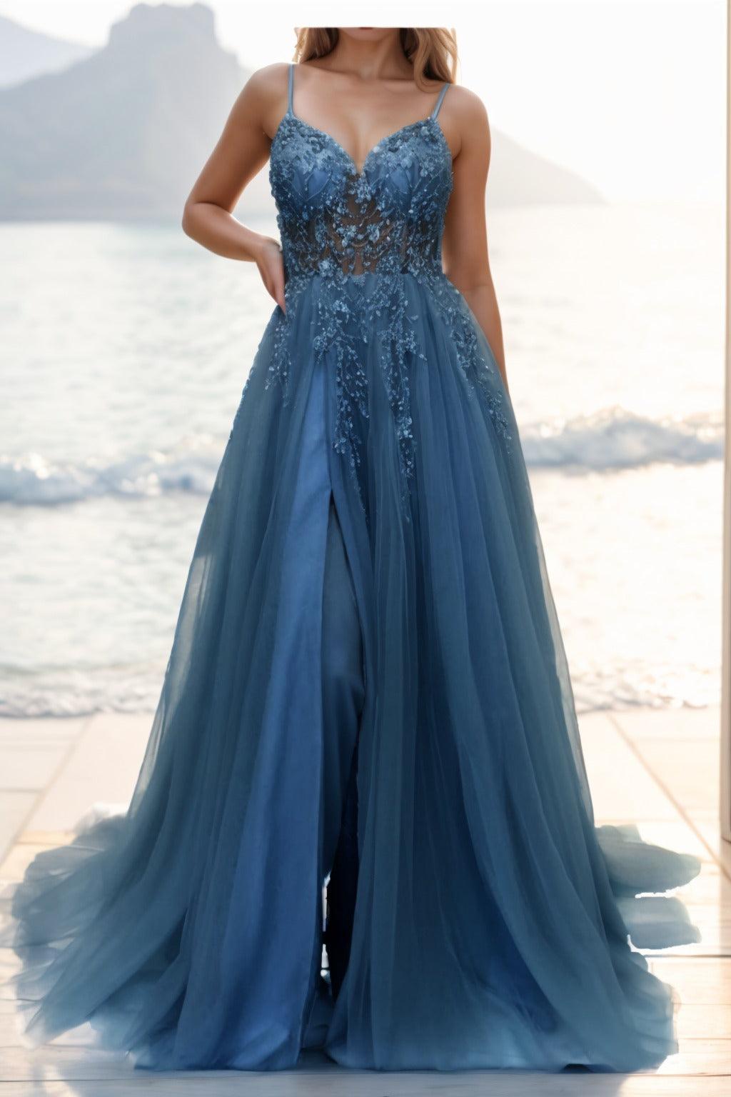 A-line Sweep-Brush Train Tulle Prom Dress CS0402 - COCOMELODY